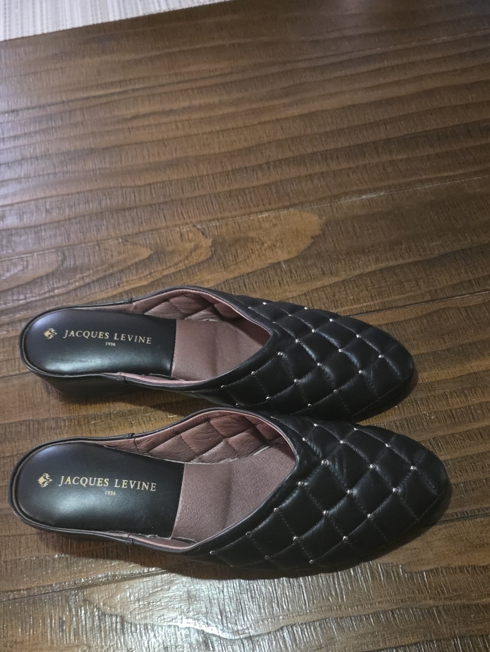 Jacques Levine Black Quilted Slip-On Mules